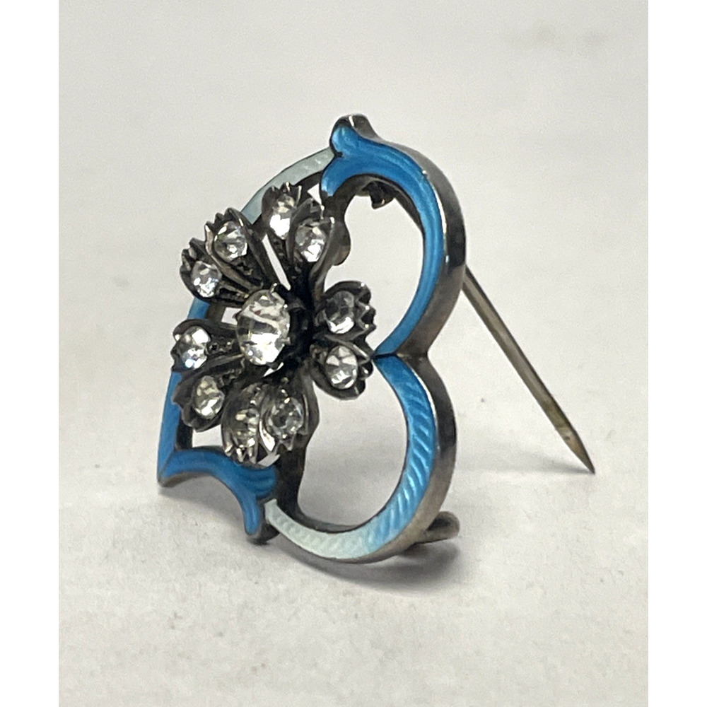 VTG Blue Guilloche Enamel Rhinestone Heart Flower Brooch Pin 1" Antique Style - Picture 2 of 12